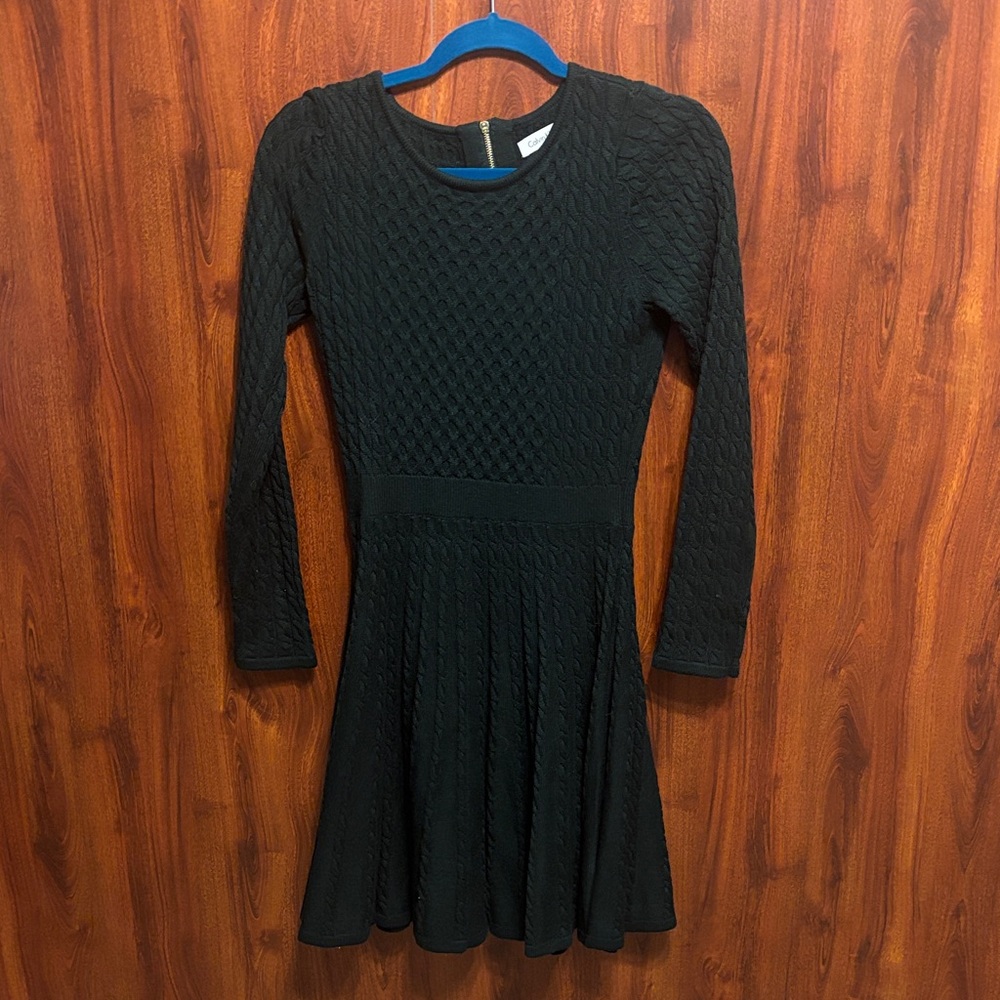 Calvin Klein Green Textured Long-Sleeve Fit & Flare Dress